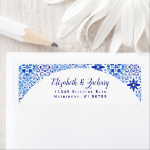 Blaues Azulejos-Bogen-Hochzeit-Rücksende-Adresseti