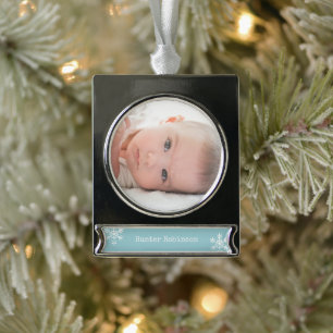Blaues Baby-Foto-Weihnachten Banner-Ornament Silber