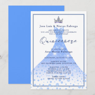 Blaues Ballkleid und Diadem Quinceañera Geburtstag Einladung