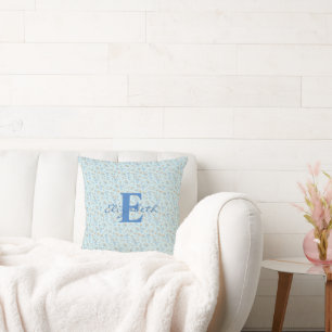 Blaues benutzerdefiniertes Monogramm Boho Wildblum Kissen