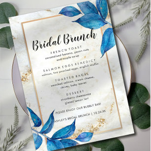Blaues Blätter Florales Hochzeits-Brunch-Menü Menükarte