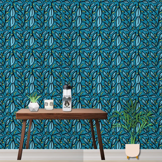 Blaues Blätter Muster Tapete (Blue Leaves bilingual Wallpaper, modern home decor,  add text in Spanish "multilingual Project")