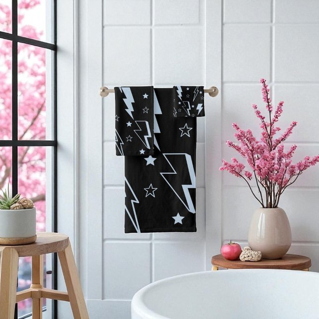 Blaues Blitzschwarz Hintergrund Y2K Muster Badhandtuch Set (Blue Lightning Black Background Y2K Pattern Bath Towel Set)