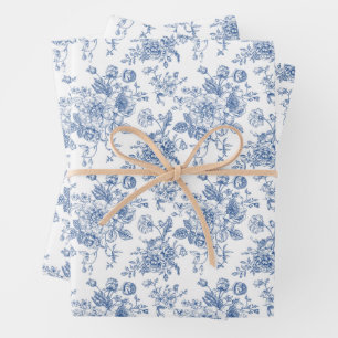 Blaues Blume-Muster Geschenkpapier Set