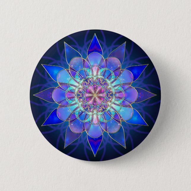 Blaues Blumemandala-Fraktal Button (Vorderseite)