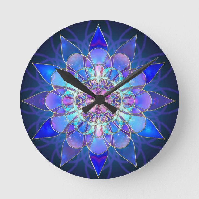 Blaues Blumemandala-Fraktal Runde Wanduhr (Vorderseite)