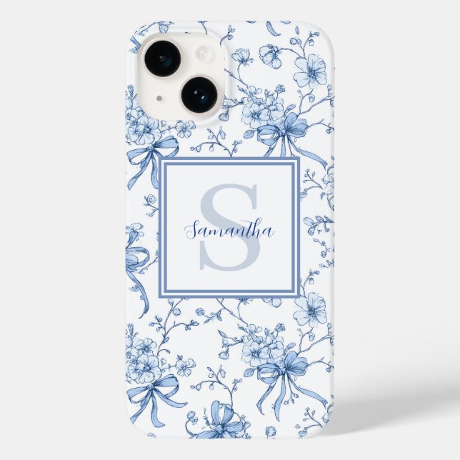 Blaues Blumen- French Toile Monogramm Name  Case-Mate iPhone Hülle (Rückseite)
