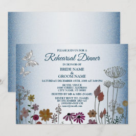 Blaues Blumen-Glitter-Hochzeitsprobe-Dinnerparty Einladung