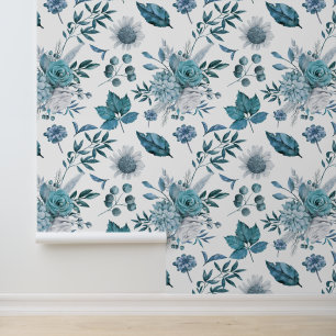 Blaues Blumen- und Blattmuster Tapete