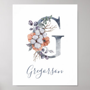 Blaues Blumen-Watercolor-Monogramm G Nachname  Poster