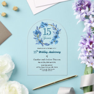 Blaues Blumengoldrahmen 15. Hochzeitstag Acryleinladungen