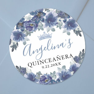 Blaues Blumenkleid zur Quinceañera Runder Aufkleber