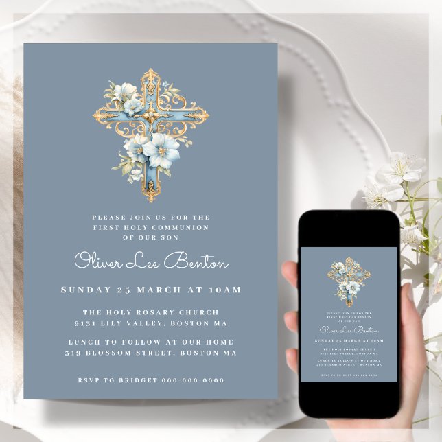 Blaues Blumenkreuz | Erste Heilige Kommune Einladung (Von Creator hochgeladen)