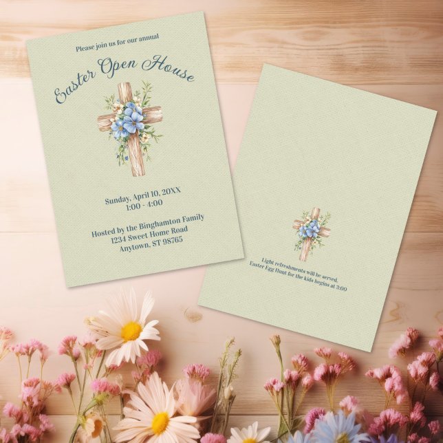 Blaues Blumenkreuz Osterwohnung Einladung (Watercolor Blue Floral Cross Personalized Easter Open House Invitation)