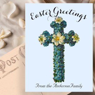 Blaues Blumenkreuz Vintag Ostern Religiös Postkarte