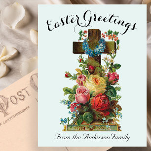 Blaues Blumenkreuz Vintage Ostern Religiös Postkarte