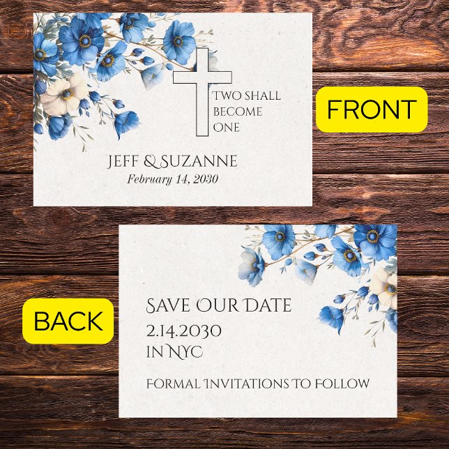 Blaues Blumenkreuz zwei wird eine Hochzeit Save The Date (Blue Floral Cross Two Become One Wedding Save The Date Cards)
