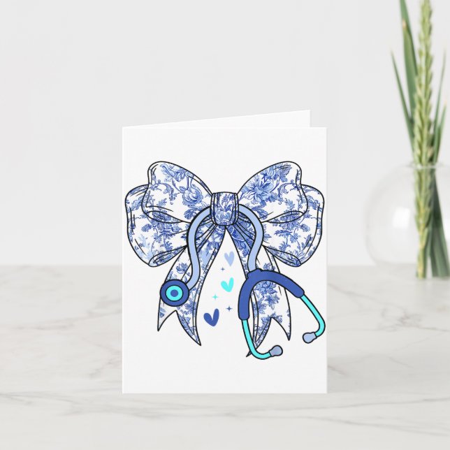 Blaues Blumenmädchen-Bow-Nurse-Stethoskop Medizin Karte (Vorderseite)
