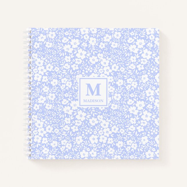 Blaues Blumenmonogramm Notizbuch Journal (Vorderseite)