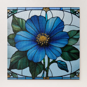 🔷 Blaues Blumenmotiv in Bleiglas-Optik Puzzle