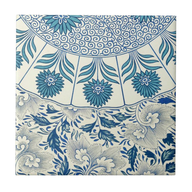 Blaues Blumenmuster Antikes asiatisches Design Fliese (Vorderseite)