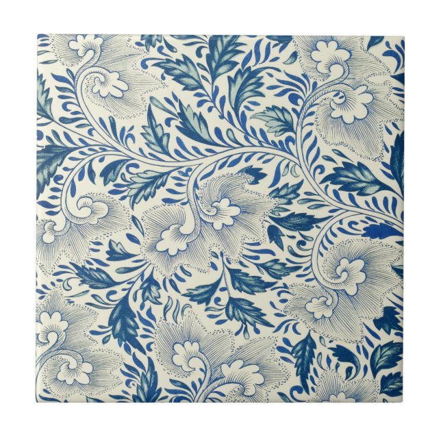 Blaues Blumenmuster Antikes asiatisches Design Fliese (Vorderseite)