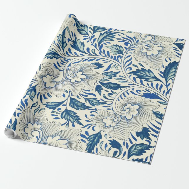 Blaues Blumenmuster Antikes asiatisches Design Geschenkpapier (Ungerollt)