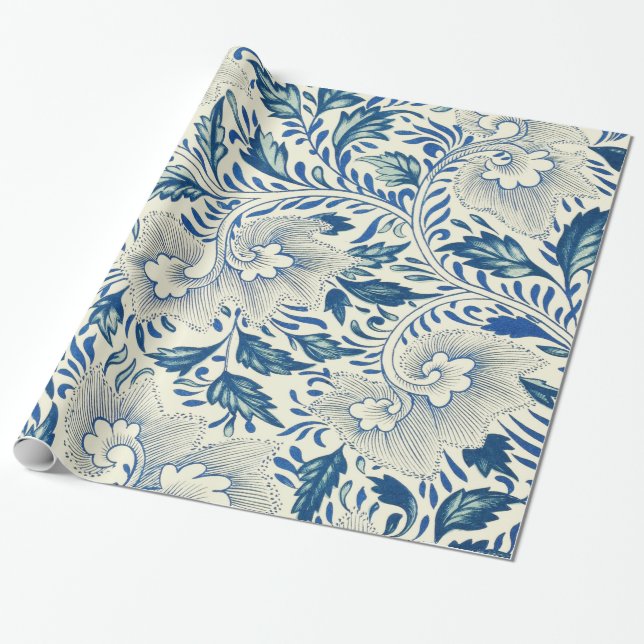 Blaues Blumenmuster Antikes asiatisches Design Geschenkpapier (Ungerollt)