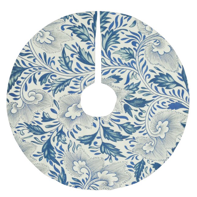 Blaues Blumenmuster Antikes asiatisches Design Polyester Weihnachtsbaumdecke (Vorderseite)