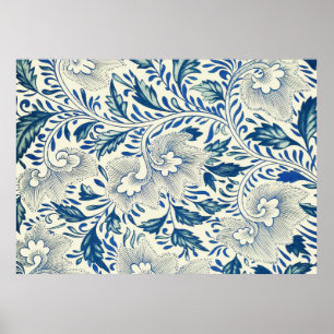 Blaues Blumenmuster Antikes asiatisches Design Poster
