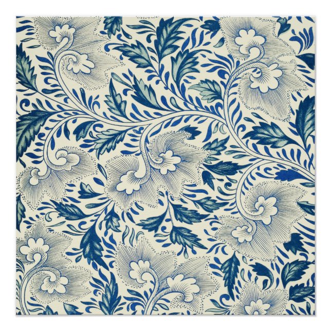 Blaues Blumenmuster Antikes asiatisches Design Poster (Vorderseite)