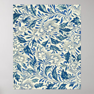Blaues Blumenmuster Antikes asiatisches Design Poster