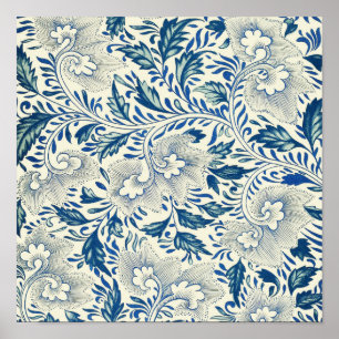 Blaues Blumenmuster Antikes asiatisches Design Poster