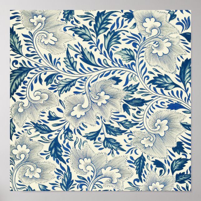 Blaues Blumenmuster Antikes asiatisches Design Poster (Vorne)