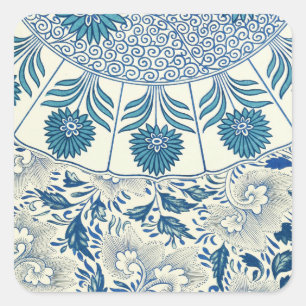 Blaues Blumenmuster Antikes asiatisches Design Quadratischer Aufkleber
