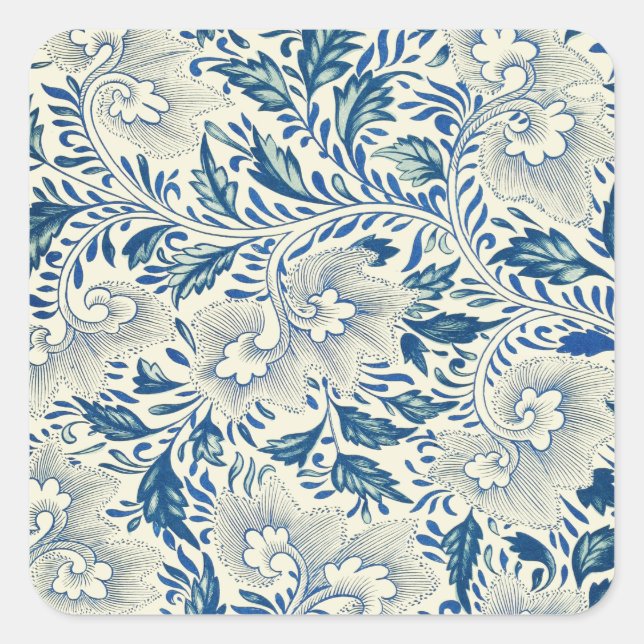 Blaues Blumenmuster Antikes asiatisches Design Quadratischer Aufkleber (Vorderseite)