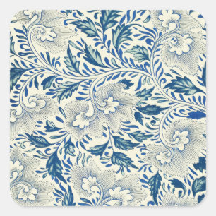 Blaues Blumenmuster Antikes asiatisches Design Quadratischer Aufkleber