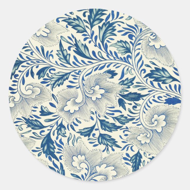 Blaues Blumenmuster Antikes asiatisches Design Runder Aufkleber (Vorderseite)