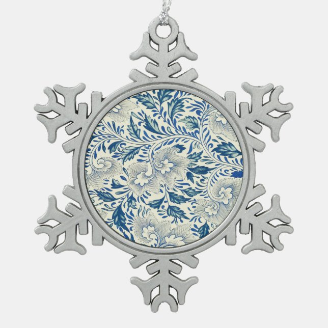 Blaues Blumenmuster Antikes asiatisches Design Schneeflocken Zinn-Ornament (Vorderseite)