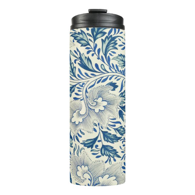 Blaues Blumenmuster Antikes asiatisches Design Thermosbecher (Vorderseite)