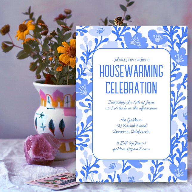 Blaues Blumenmuster Custom HoUSEWARMING PARTY Einladung (Blue Floral Pattern Custom HOUSEWARMING PARTY Invitation)