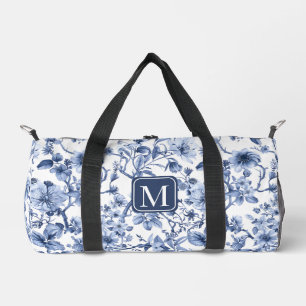Blaues Blumenmuster im Vintage-Toile-Design mit Mo Duffle Bag