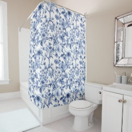 Blaues Blumenmuster im Vintage-Toile-Stil  Duschvorhang