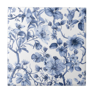 Blaues Blumenmuster im Vintage-Toile-Stil Fliese