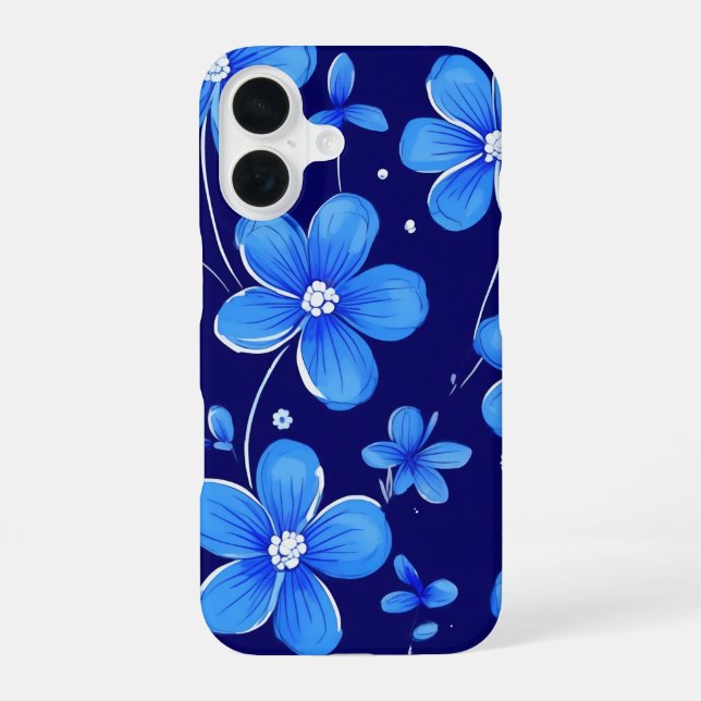 blaues Blumenmuster iPhone 16 Hülle (Rückseite)