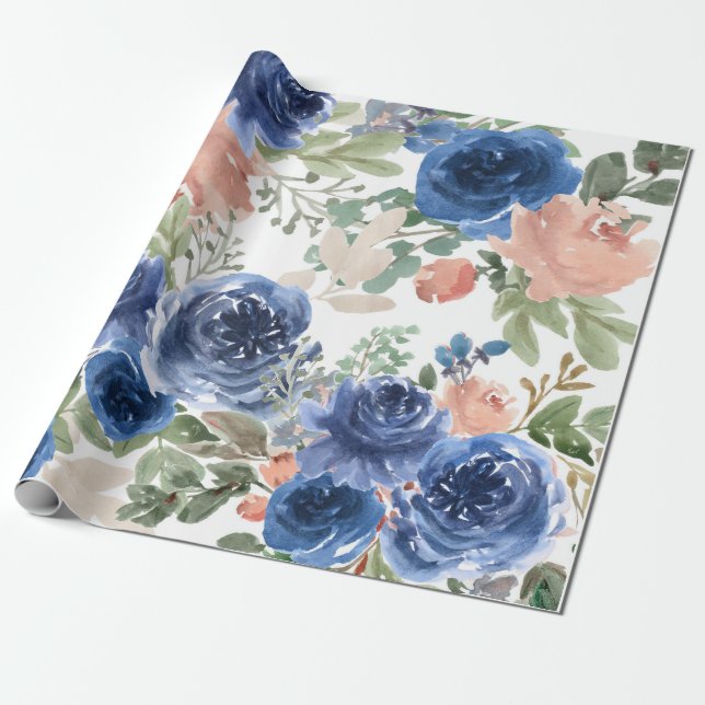 Blaues Blumenmuster, künstlerisches Aquarellbild Geschenkpapier (Ungerollt)