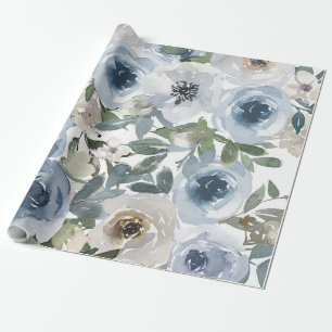 Blaues Blumenmuster, künstlerisches Aquarellbild Geschenkpapier