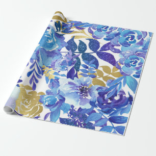 Blaues Blumenmuster, künstlerisches Aquarellbild Geschenkpapier
