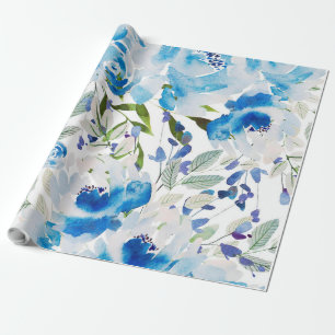 Blaues Blumenmuster, künstlerisches Aquarellbild Geschenkpapier