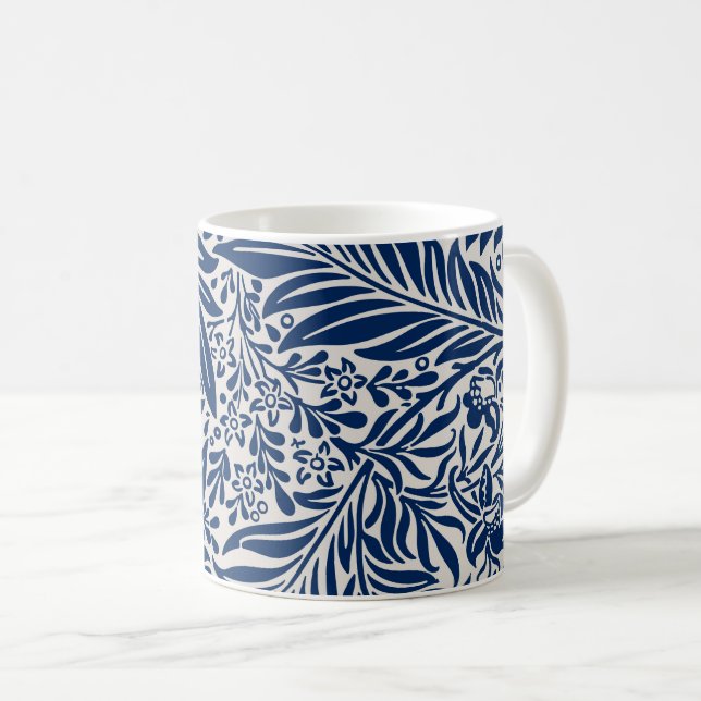 blaues Blumenmuster mit vielfältigen Blättern und  Kaffeetasse (VorderseiteRechts)